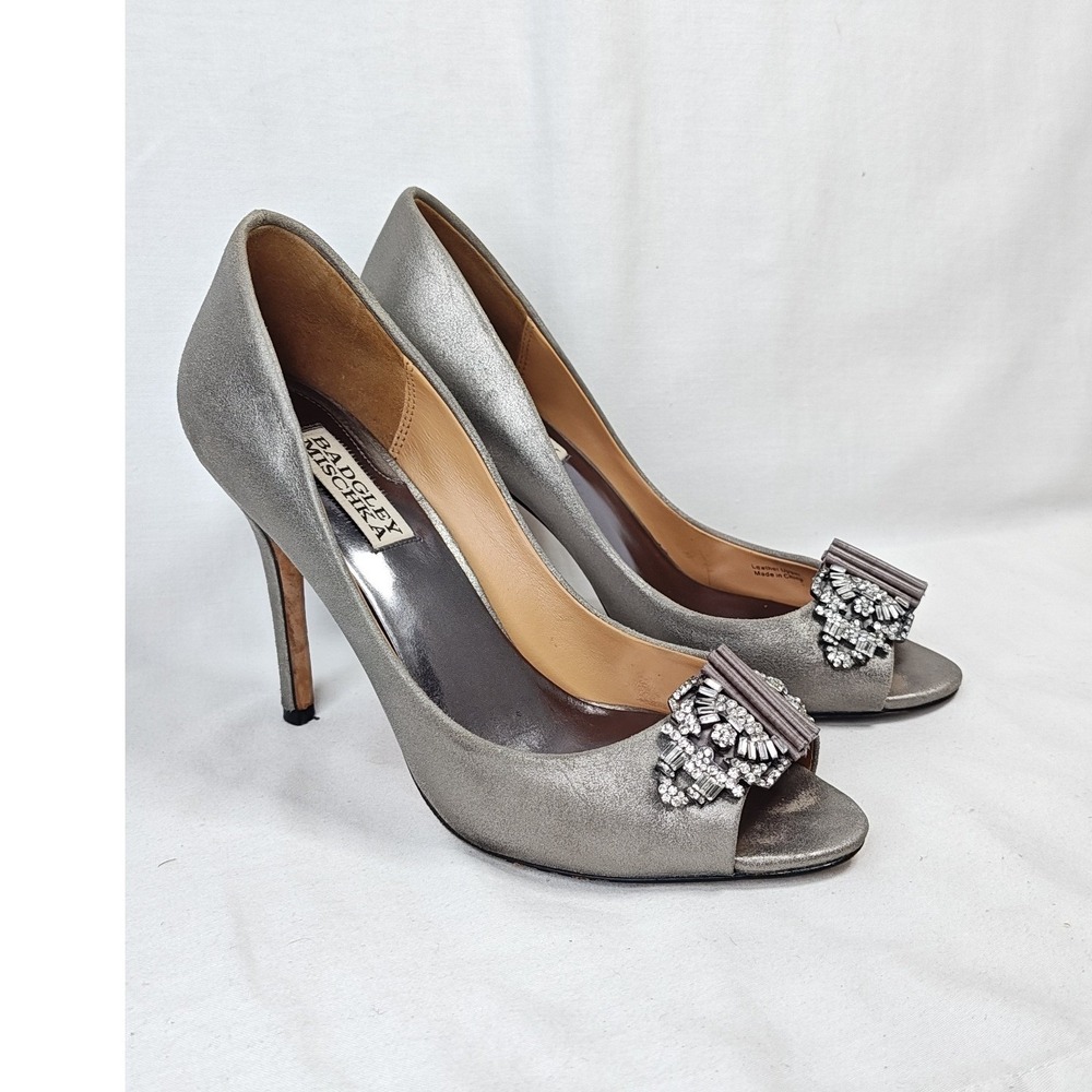 Badgley‎ Mischka Silver Davida II Pewter Metallic Crystal Peep Toe Heels 7.5